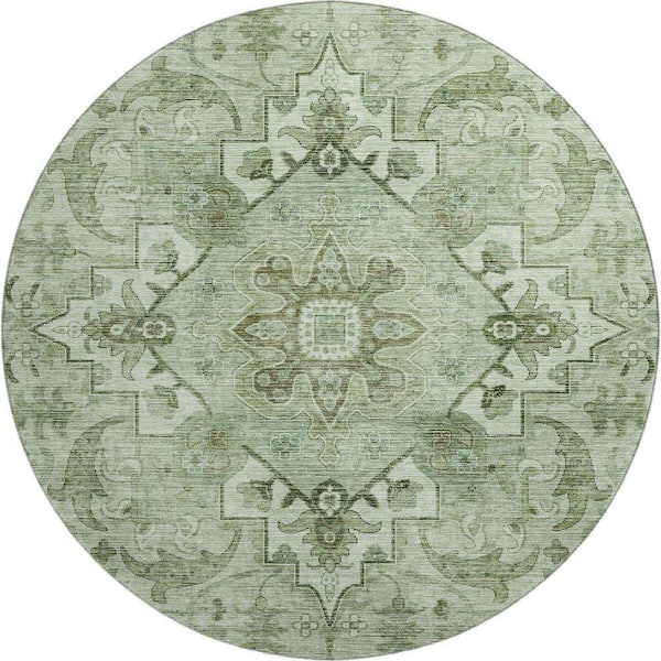 Mayfield Premium Machine Washable Abstract AMF2164 Aloe 8 ft. x 8 ft. Round Rug