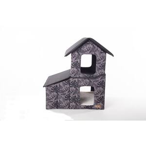 Outdoor 2-Story Kitty House with Dining Room Gray Leaf Print Medium