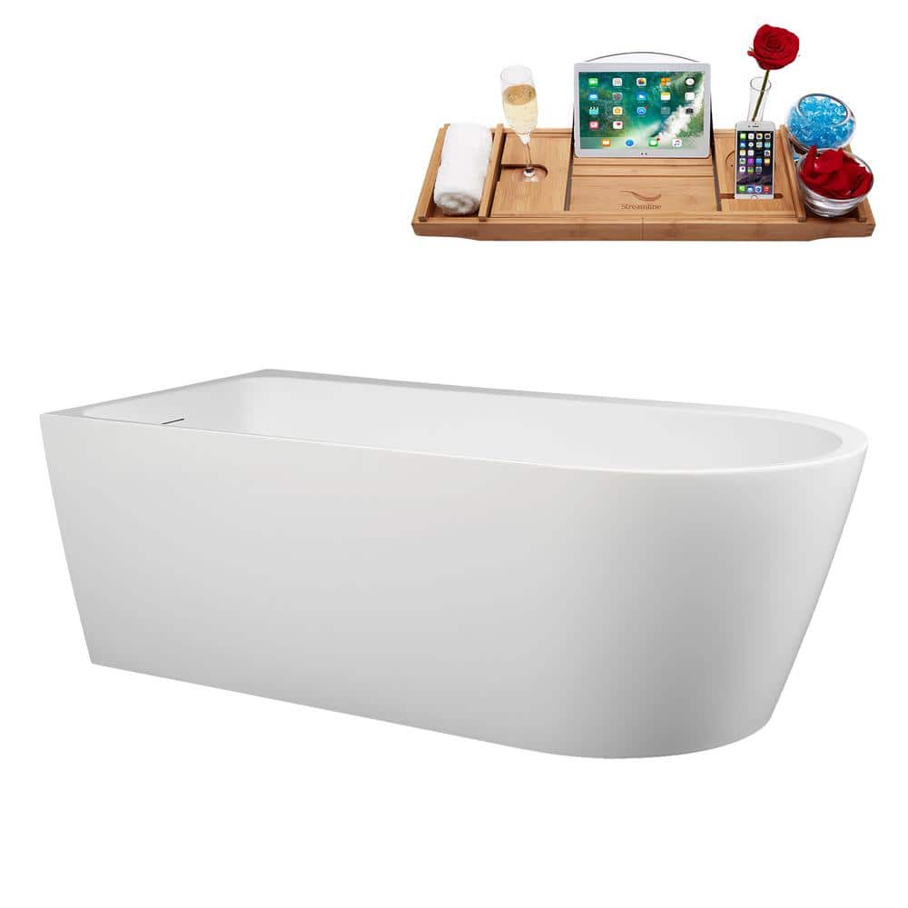 65" Glossy White Acrylic Freestanding Soaking Bathtub with Bamboo Tray