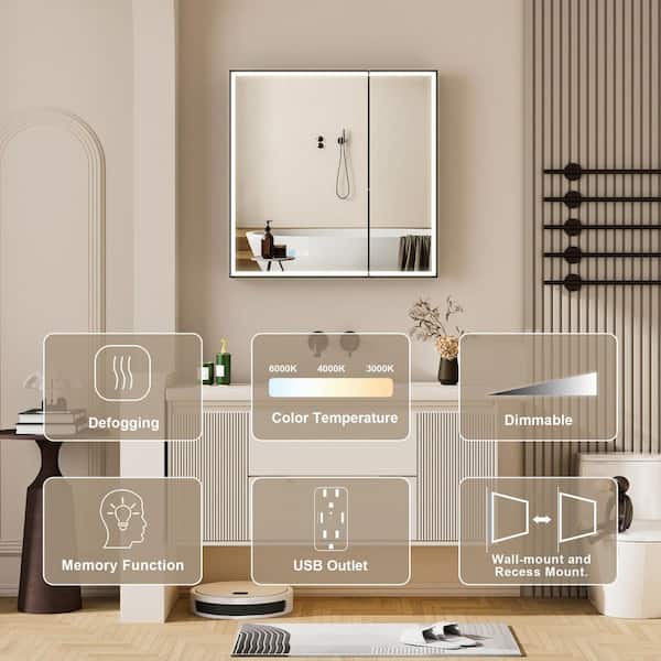 30 in. W x 30 in. H Rectangular Black Aluminum Recessed/Surface Mount LED Medicine Cabinet with Mirror,Outlet,Soft Close