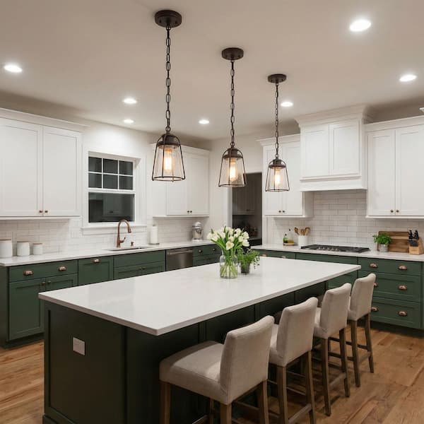 Farmhouse Black Kitchen Pendant Light, Maya 1-Light Modern Industrial Bronze Pendant Light with Caged Seeded Glass Shade