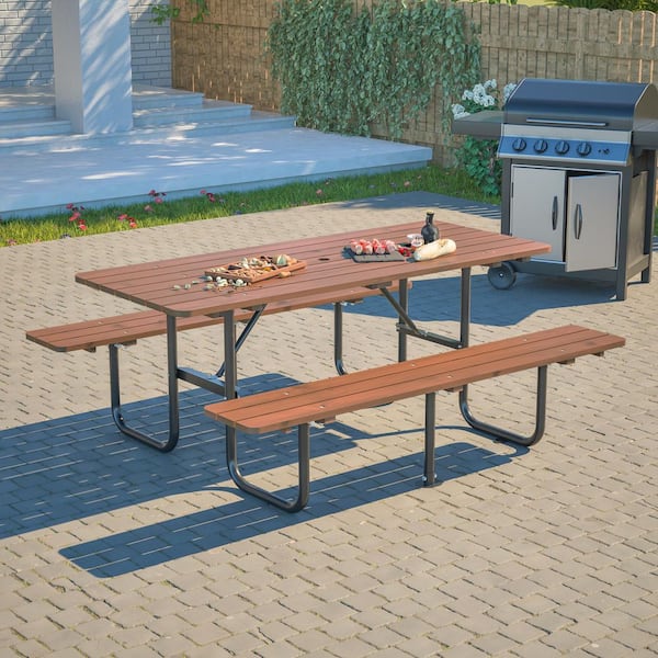 72 in. Brown Rectangle Steel Frame Picnic Table Set Seats 4-6 People with Umbrella Hole