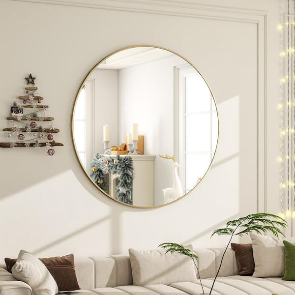 XRAMFY 35.2 in. W x 35.2 in. H Round Aluminum Alloy Framed Modern Gold Wall Mirror