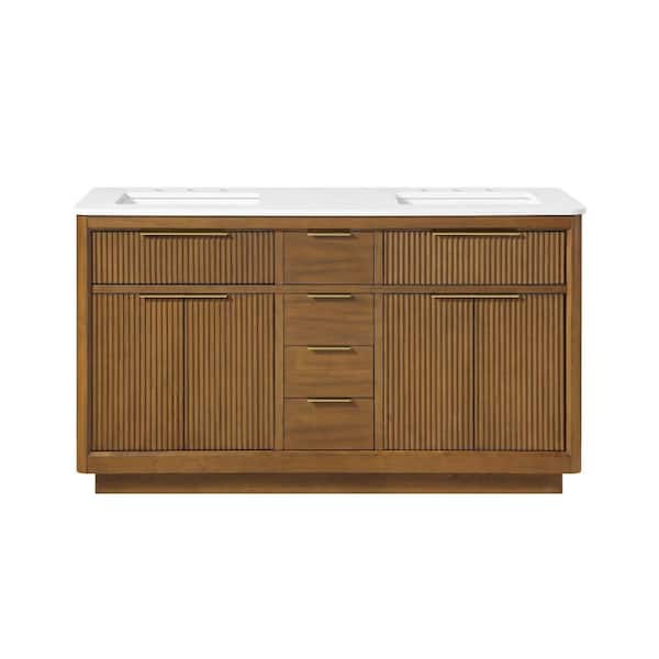 Xander 60 in. Double Freestanding Warm Walnut Bath Vanity with White Engineered Stone Top