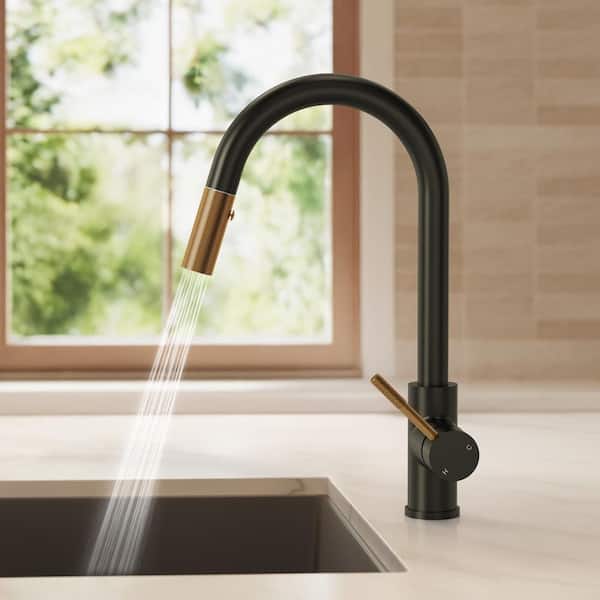 Single-Handle Pull-Down Sprayer Kitchen Faucet with Spout Swivel 15.7 in. H 360° Spout Swivel in Matte Black and Gold