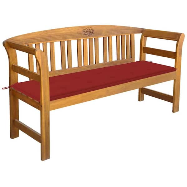 TIRAMISUBEST 61.8 in. W 2-Person Brown Wood Garden Outdoor Bench with Red Cushion