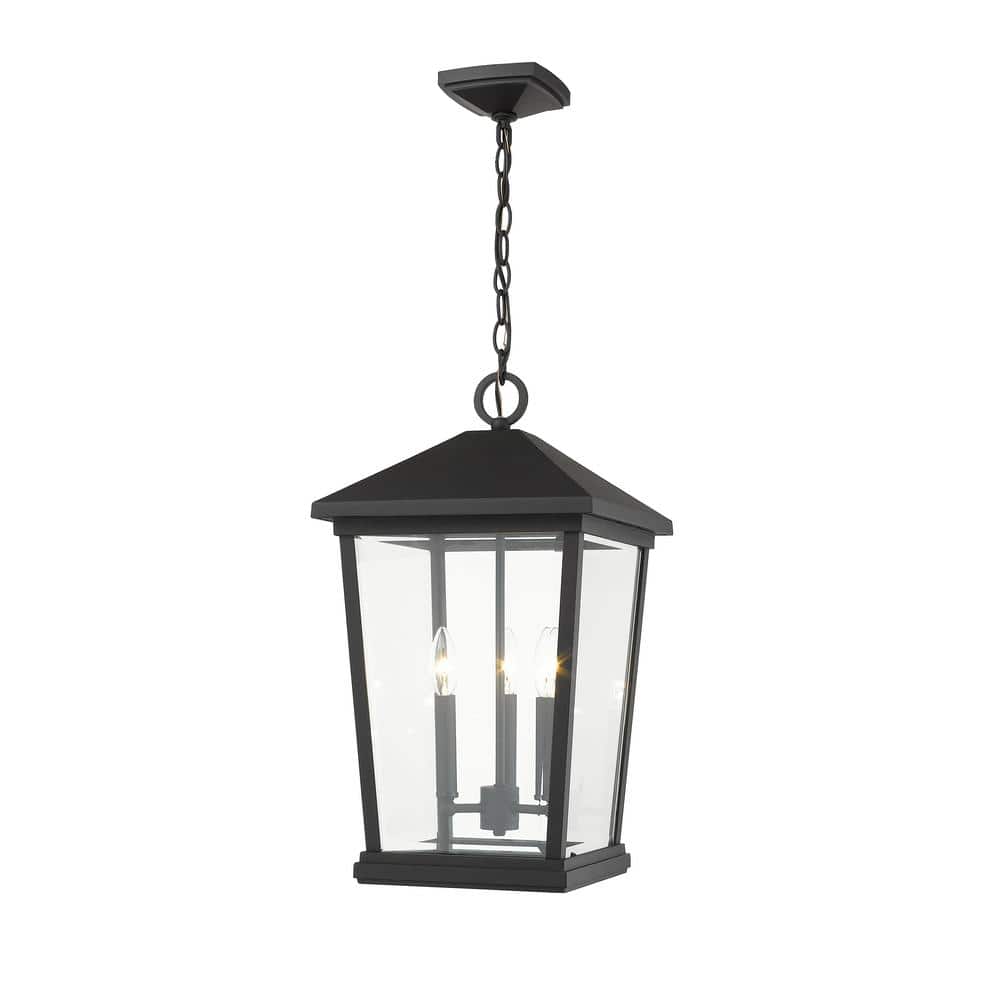 3-Light Black Outdoor Pendant Light with Clear Beveled Glass Shade