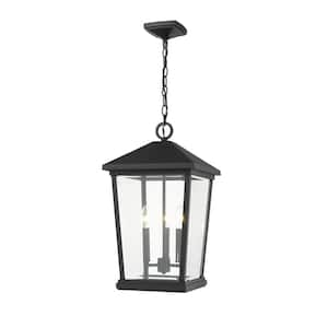 3-Light Black Outdoor Pendant Light with Clear Beveled Glass Shade