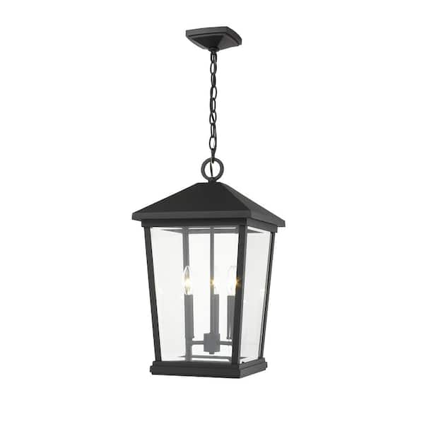 Unbranded 3-Light Black Outdoor Pendant Light with Clear Beveled Glass Shade