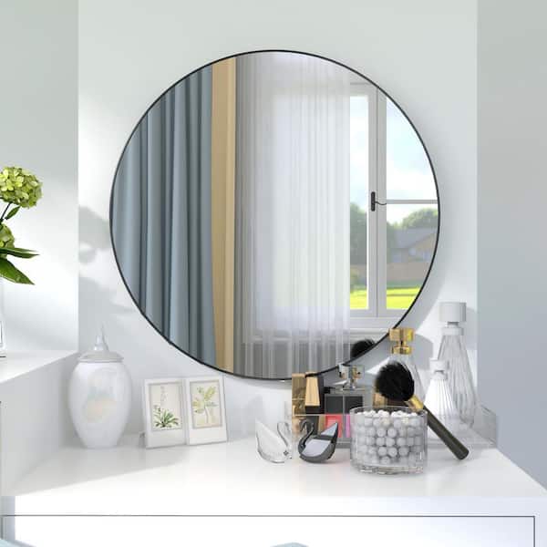 24 in. W x 24 in. H Large Round Black Circular Mirror Bathroom Mirror Alloy Metal Frame Decor Wall Vanity Mirror