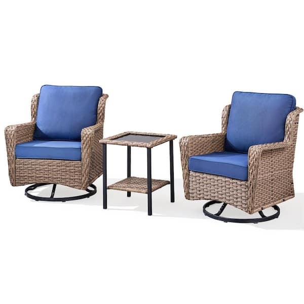 3-Piece Brown Wicker Patio Conversation Set Outdoor Rocking Chair Set with Blue Cushions