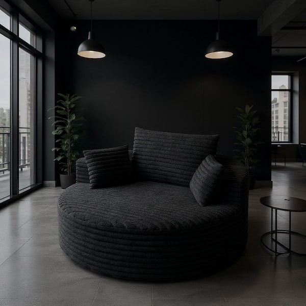 YDYKSF 50 in. Round Corduroy Modular Sofa with Backrest Pillows in Charcoal Black & Matte Ebony