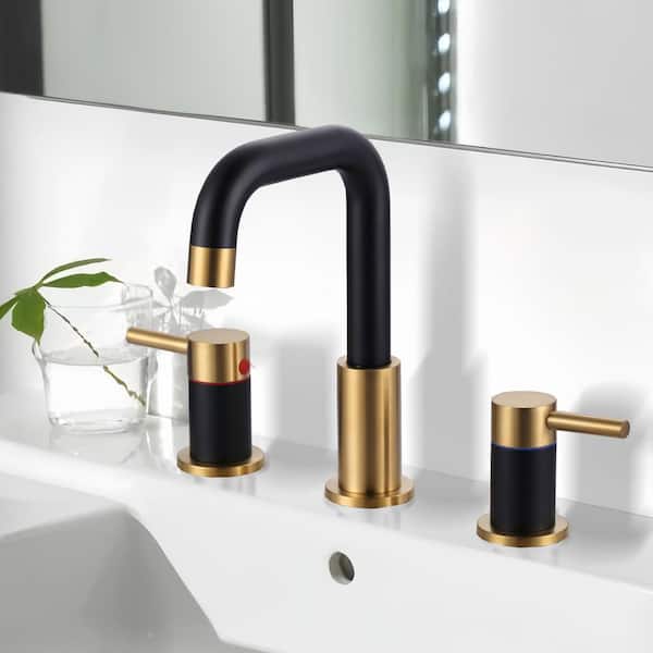 8 in. Widespread Double Handle High-Arc Bathroom Faucet with Pop-Up Drain in Black and Gold