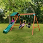 Ranger Plus Wooden Outdoor Playset with Swings, Trapeze Bar, Wave Slide and Backyard Swing Set Safety Handles