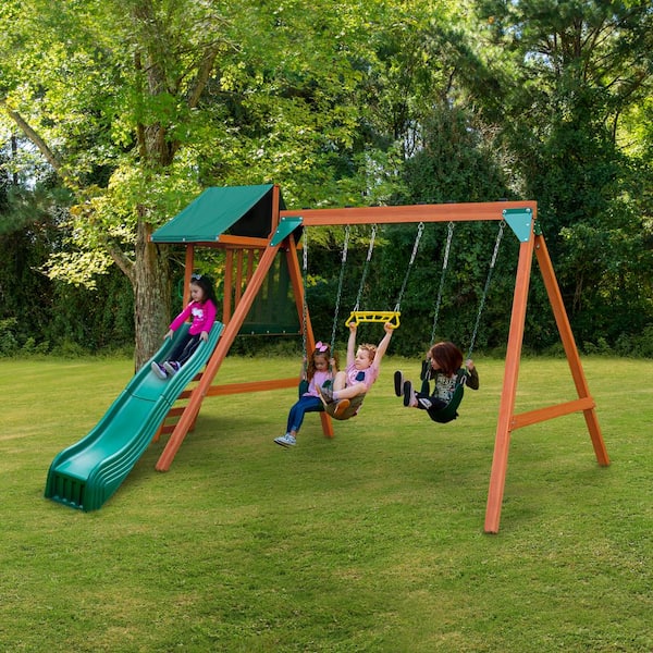 Swing-N-Slide Playsets Ranger Plus Wooden Outdoor Playset with Swings, Trapeze Bar, Wave Slide and Backyard Swing Set Safety Handles