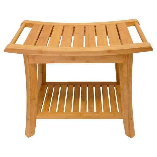 13.4 in. D x 24 in. W x 18.5 in. H Beige Bathroom Bamboo Shower Bench Seat with Storage Shelf
