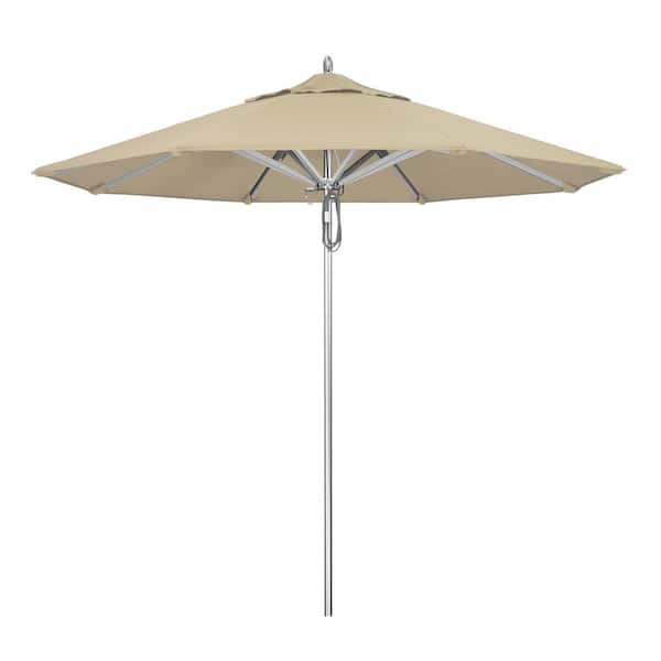 California Umbrella 9 ft. Silver Aluminum Commercial Market Patio Umbrella with Pulley Lift in Antique Beige Sunbrella