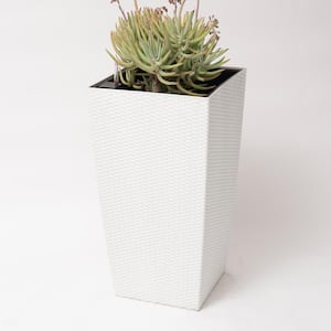 30 in. H Plastic Indoor Outdoor Square Planter Pot White Rattan Self Watering, Tall Decorative Gardening Pot, Home Decor