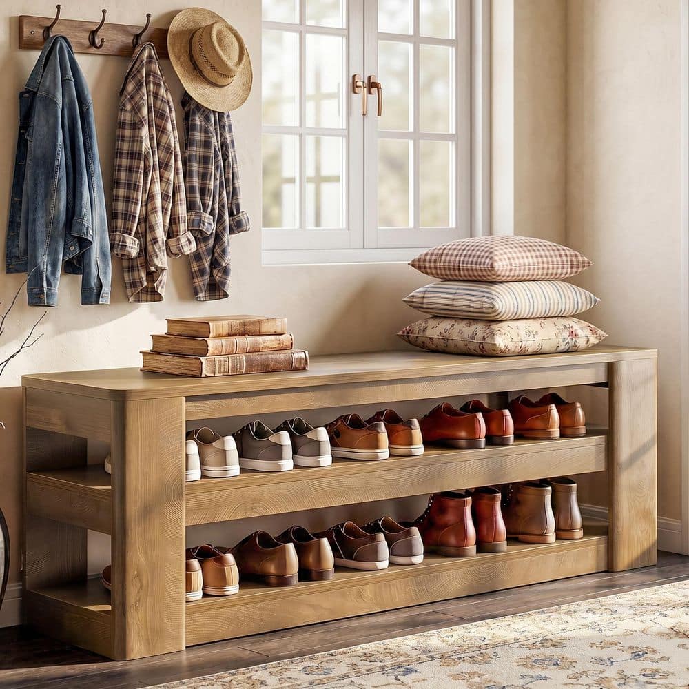 BYBLIGHT 20 in. H x 55 in. W Natural Brown Entryway Shoe Bench
