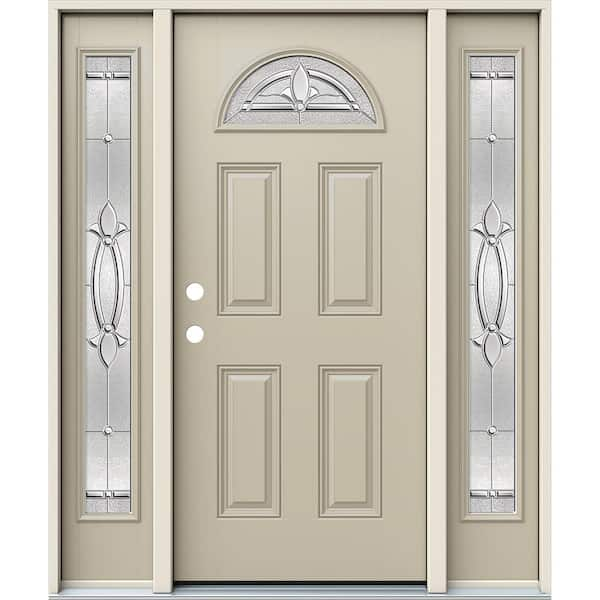 JELD-WEN 60 in. x 80 in. Right-Hand Fan Lite Decorative Glass Blakely Desert Sand Fiberglass Prehung Front Door W/Sidelites