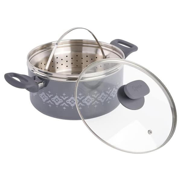 Spice BY TIA MOWRY Savory Saffron 5 qt. Ceramic Nonstick Aluminum Dutch Oven with Lid and Steamer in Gray