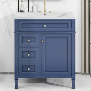30 in. W x 18 in. D x 33 in. H Freestanding Bath Vanity in Blue with White Resin Top, 2-Drawers and a Tip-out Drawer