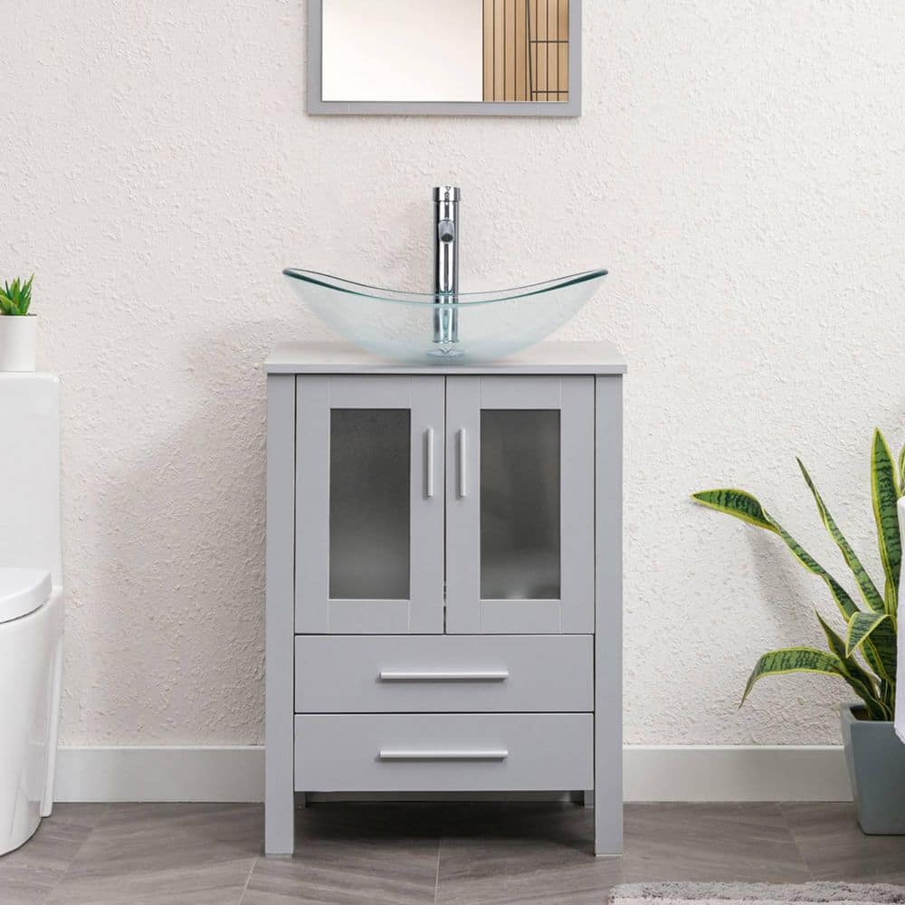 24 in. W x 20 in. D Single Sink Bath Vanity in Gray with Clear Oval Glass Vessel Sink Top with Faucet Set price history on PriceWatchPro