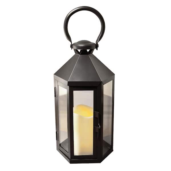LUMABASE 6 in. x 12 in. Hexagon Metal Lantern with LED Candle