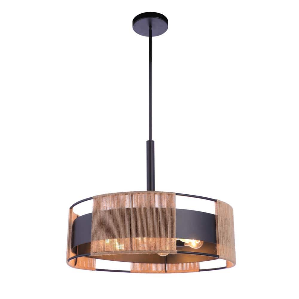 Flat Black and Hemp Rope 6-Light Pendant