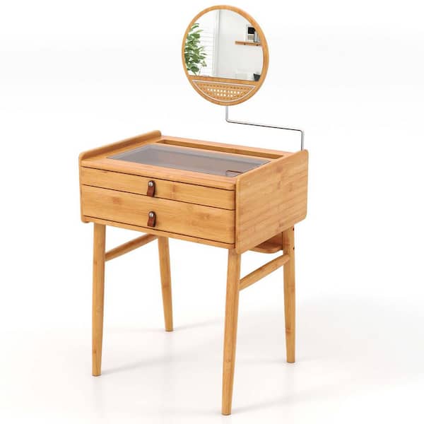 Costway Natural Makeup Vanity Table with Adjustable Mirror Bamboo Dressing Table 2 Drawers
