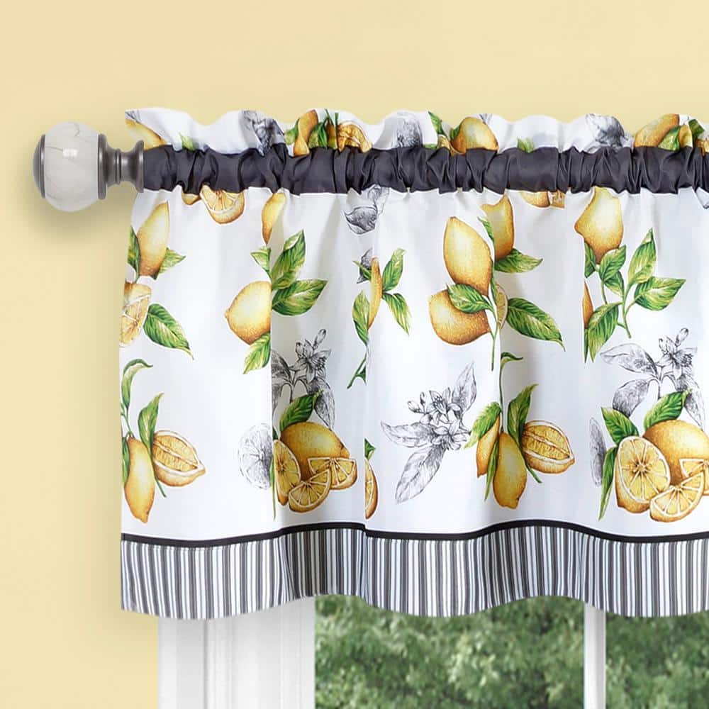 Gray and Yellow Lemon Print Polyester Tier Curtain Set