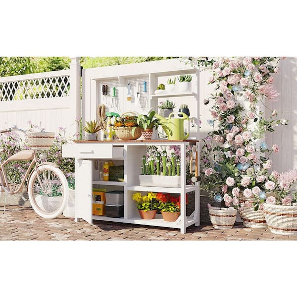 Rustic White 50.2 in. W x 65.7 in. H Fir Wood Potting Bench with