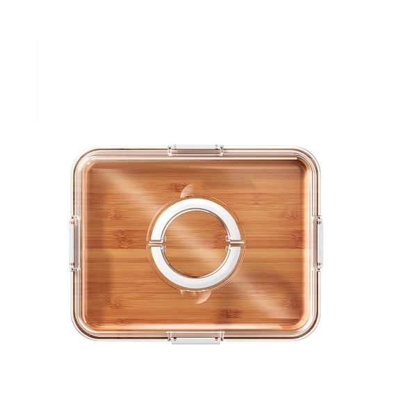 14.4 in. Modern White Bamboo Serving Board with Clear Lid, Reversible Travel Portable Cheese Cutting Board for Kitchen