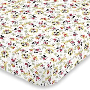 Mickey Mouse Red, Black, and Green, Pluto and Snowflakes Super Soft Holiday Fitted Polyester Crib Sheet
