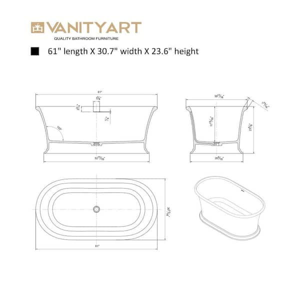 Vanity Art Drancy 61 in. x 31 in. Solid Surface Resin Stone Flatbottom Freestanding Bathtub in Glossy White