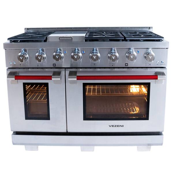 Randolph Pro 48 in. 5-German Brass Burners Freestanding Double Oven Natural Gas Stainless Steel Range, LED Knobs