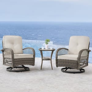 Kovach 3-Piece PE Wicker Patio Conversation Set with Beige Gray Cushion Rattan Swivel Rocking Chair and Side Table