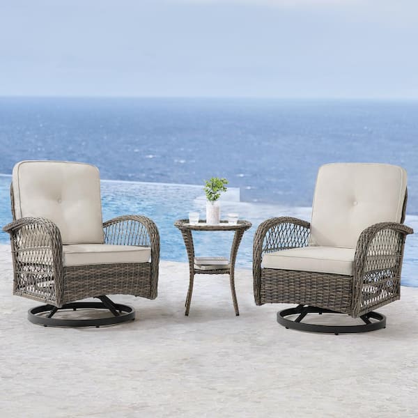 cozyman Kovach 3-Piece PE Wicker Patio Conversation Set with Beige Gray Cushion Rattan Swivel Rocking Chair and Side Table
