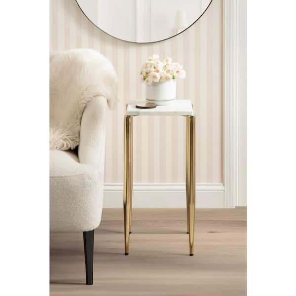 LeMaire 12 in. White/Gold Square Natural Stone End Table