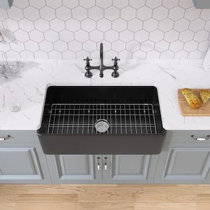 33 in. Apron Front Single Bowl Fireclay Farmhouse Kitchen Sink Black With Bottom Grid and Strainer