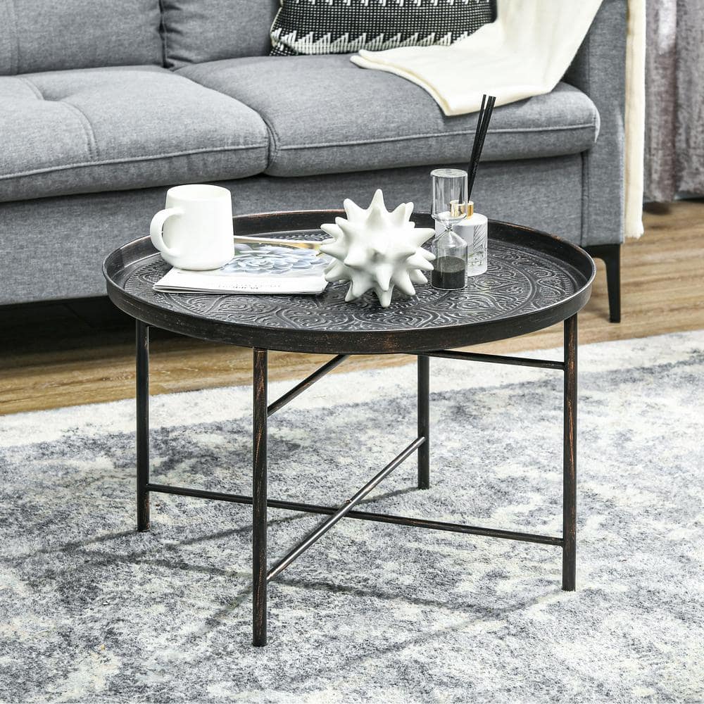 Pewter Round Metal Coffee Table with Hammered Tray Top