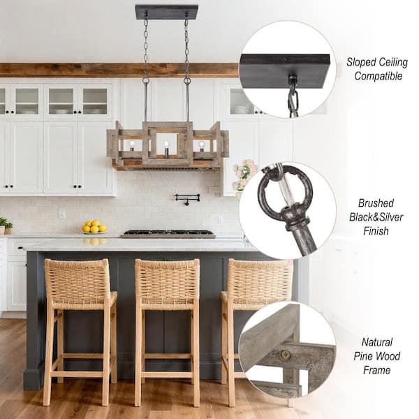 3-Light Farmhouse Wood Kitchen Island Chandelier, Dining Room Foyer Modern Linear Rectangle Small Black Pendant Light