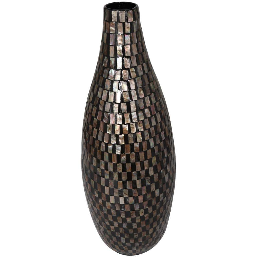 Litton Lane 24 in. Black Handmade Mosaic Inspired Mother of Pearl Shell Decorative Vase