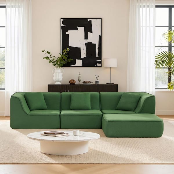 Celia 107.87 in. Square Arm 2-Piece Fabric Sectional Sofa in Moss Green with Ottoman, No Assembly Modular Design