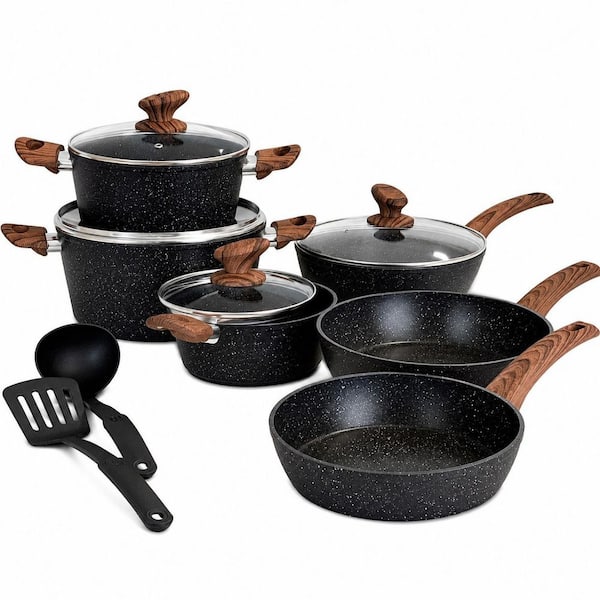 12 Piece Granite Black Nonstick Aluminum Induction Safe Cookware Set with Bakelite Handles for Healthy Cooking