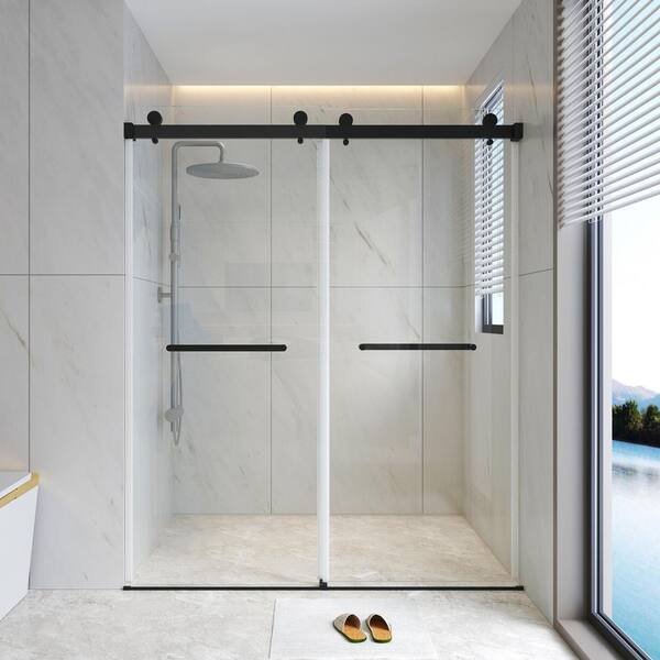 WYonder 60 in. W x 75 in. H Sliding Frameless Shower Door in Black with 5/16 in. (8 mm) Clear Glass