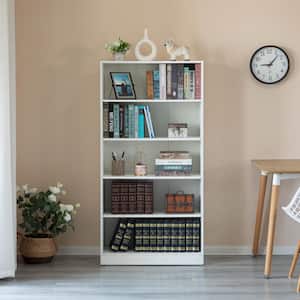 60 in. Tall White Wooden 5-Open Display Shelves Freestanding Classic Bookshelf, Floor Standing Bookcase,