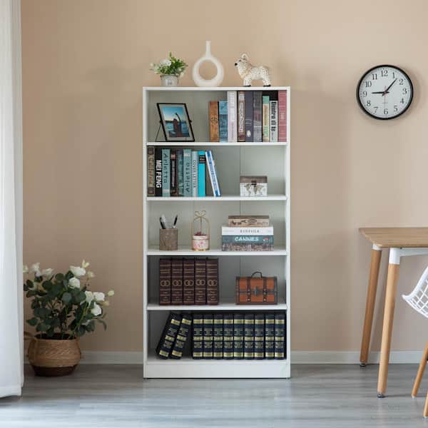 Basicwise 60 in. Tall White Wooden 5-Open Display Shelves Freestanding Classic Bookshelf, Floor Standing Bookcase,