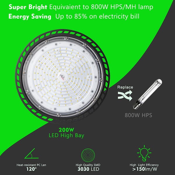 bulbeats 200W LED High Bay Light 30000LM High Bay LED Shop Lights AC100-277V Commercial Bay Lighting with 3 ft. Cable 4Pack
