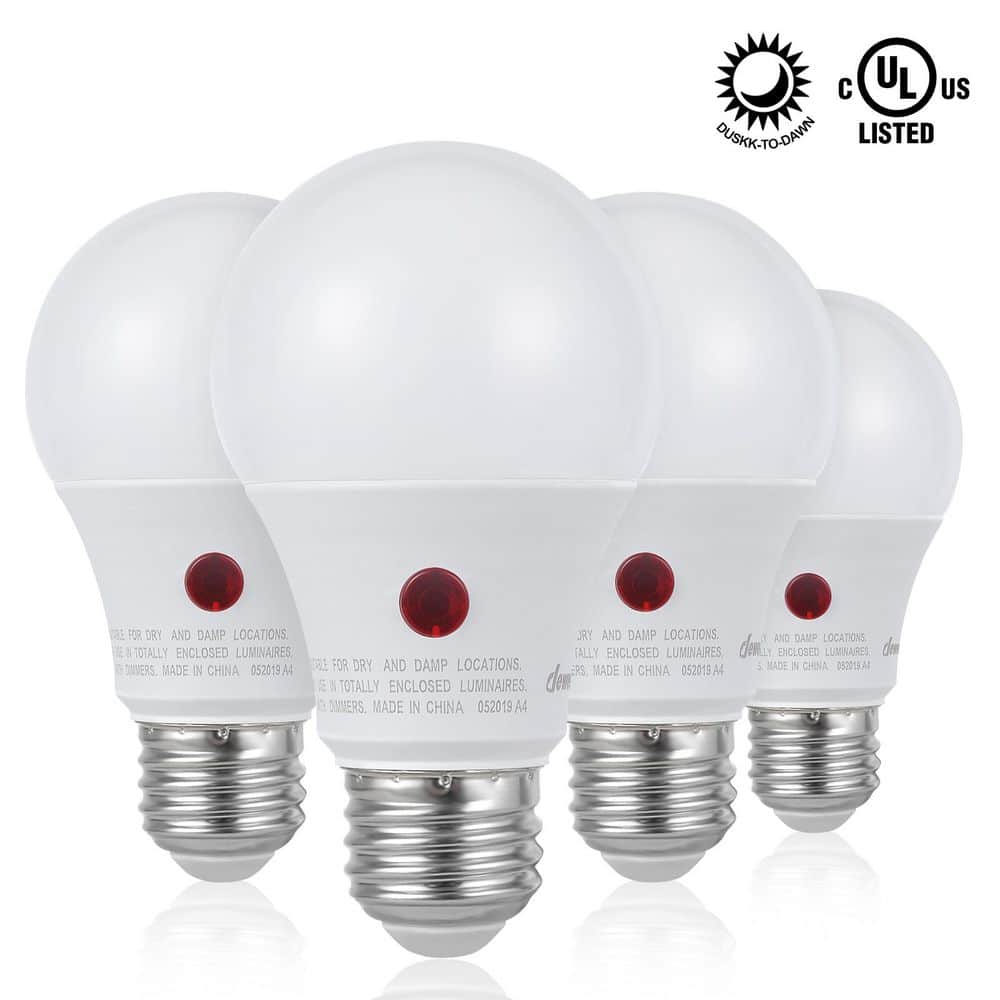 DEWENWILS 60-Watt Equivalent A19 Dusk to Dawn E26 Base Automatic On/Off Dual Sensor LED Light Bulb, 2700K Warm White (4-Pack)